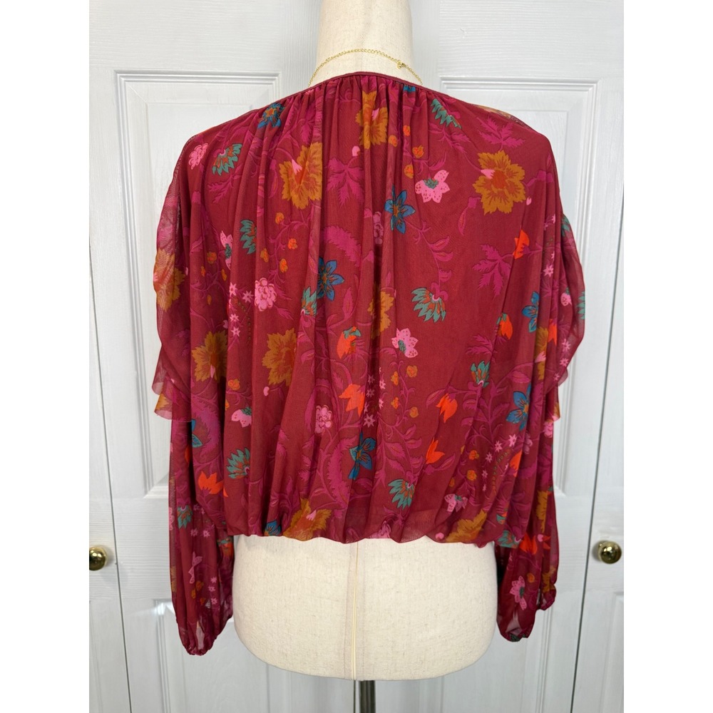 Free People Wildflower Honey Blouse Floral Mesh XS Burgundy Ruffle Sleeve Boho - Picture 7 of 9